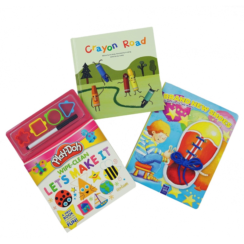Toddler Creative Learning Book & Play Set – 3 Book Set (Crayon Road, Brand New Shoes, and Play-Doh: Wipe-Clean Let’s Make It)